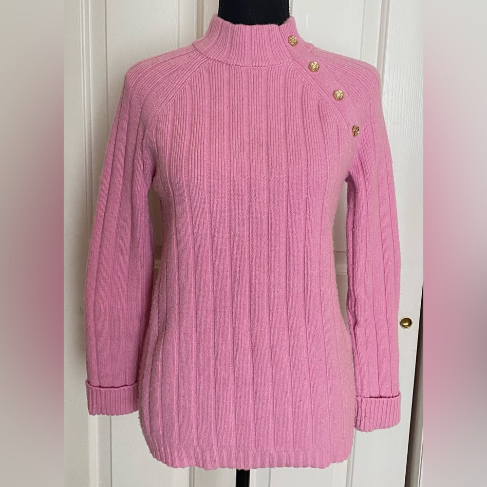 Talbots Pink Ribbed Button Mockneck Sweater - Picture 3 of 8